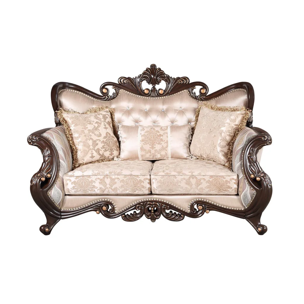 Cona 70 Inch Loveseat, Gold Carved Details, Brown, Button Tufted Beige By Casagear Home