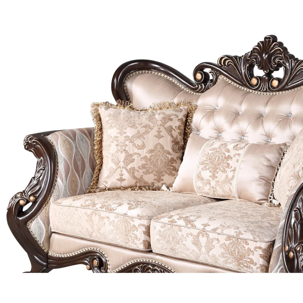Cona 70 Inch Loveseat, Gold Carved Details, Brown, Button Tufted Beige By Casagear Home