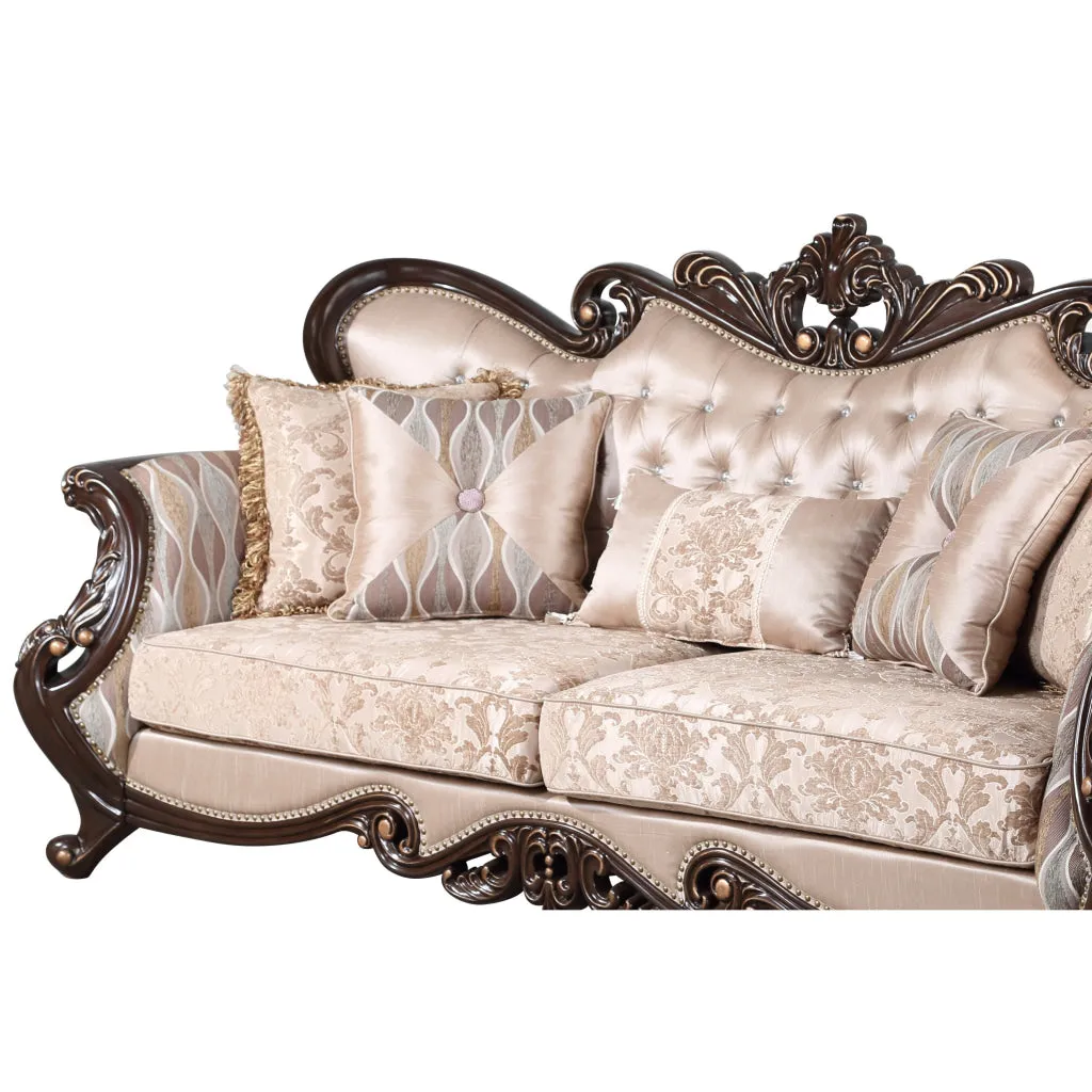 Cona 95 Inch Sofa, Classic Gold Carved Details, Brown, Button Tufted Beige By Casagear Home