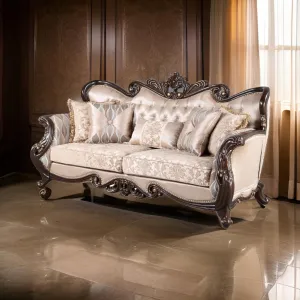 Cona 95 Inch Sofa, Classic Gold Carved Details, Brown, Button Tufted Beige By Casagear Home
