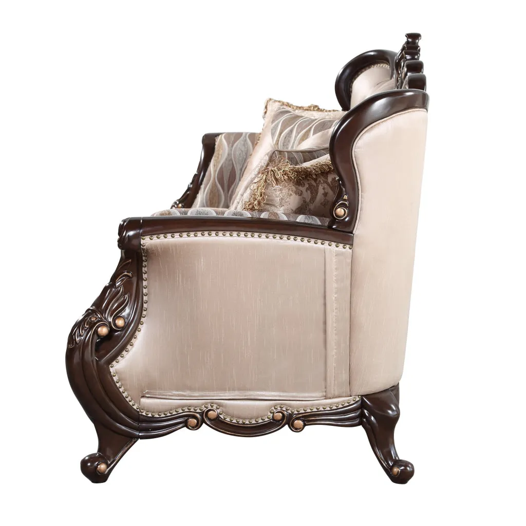 Cona 95 Inch Sofa, Classic Gold Carved Details, Brown, Button Tufted Beige By Casagear Home