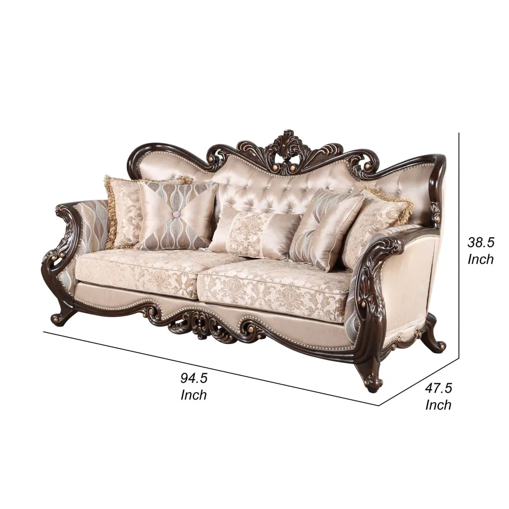 Cona 95 Inch Sofa, Classic Gold Carved Details, Brown, Button Tufted Beige By Casagear Home