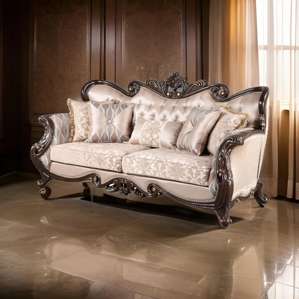 Cona 95 Inch Sofa, Classic Gold Carved Details, Brown, Button Tufted Beige By Casagear Home