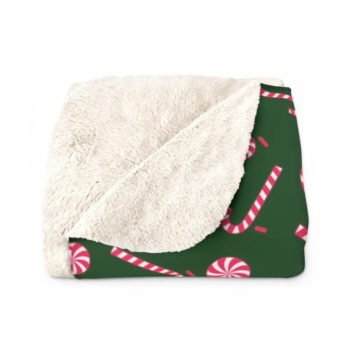 Dark Green White Red Candy Cane Christmas Print Cozy Sherpa Fleece Blanket