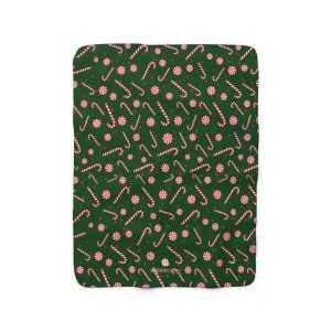 Dark Green White Red Candy Cane Christmas Print Cozy Sherpa Fleece Blanket