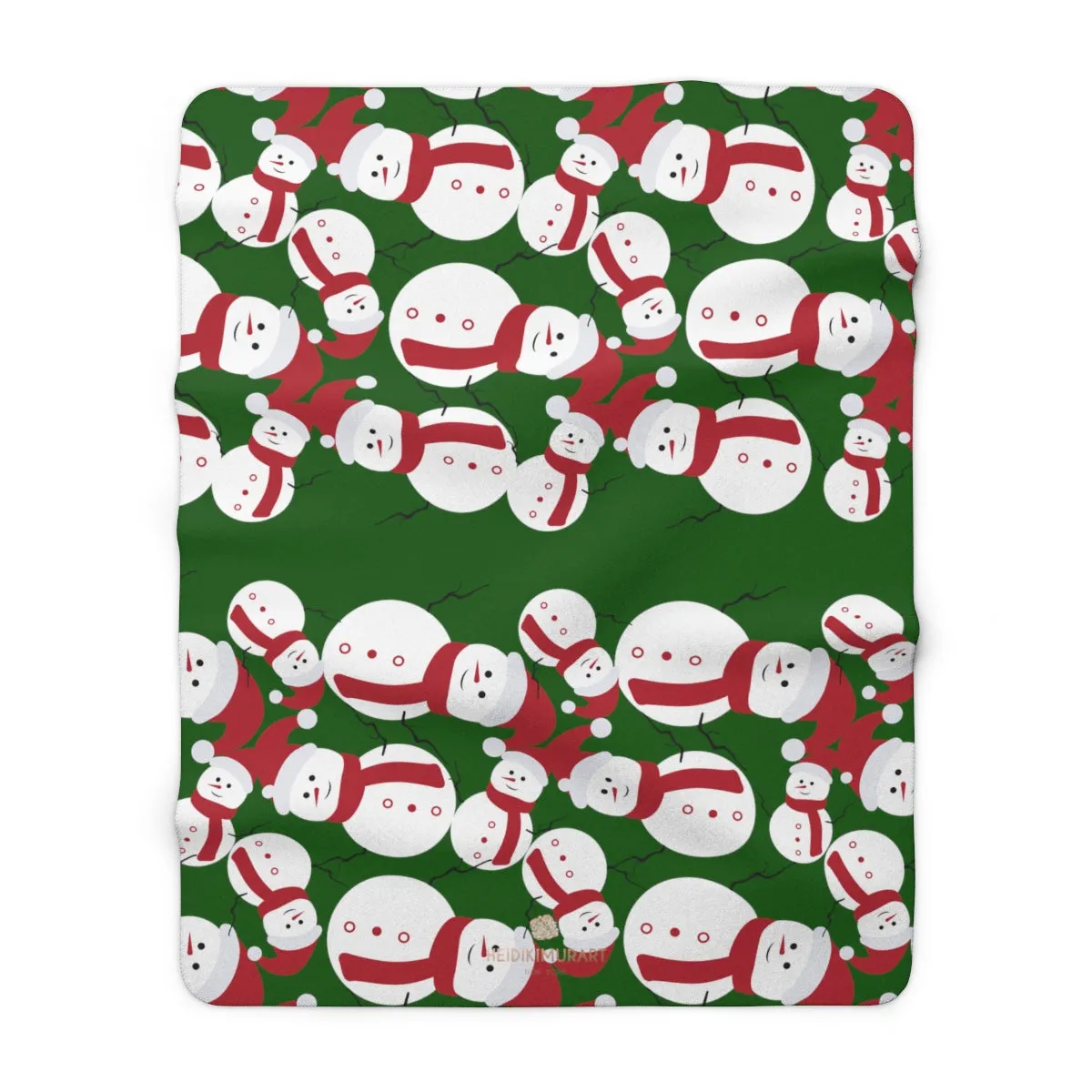Dark Green White Red Christmas Cute Fluffy Snowman Print Cozy Sherpa Fleece Blanket