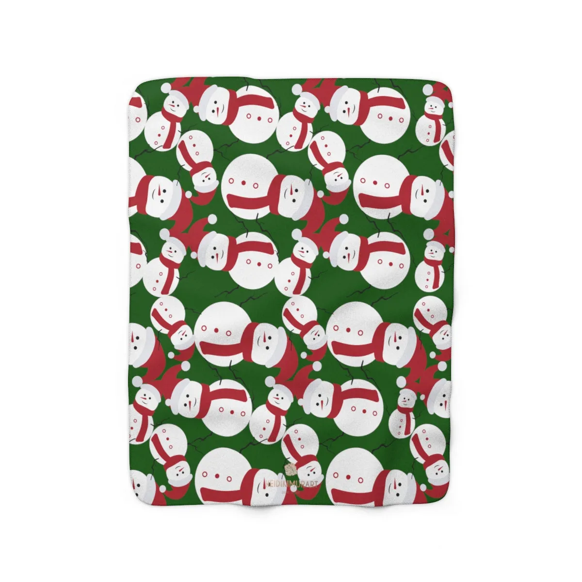 Dark Green White Red Christmas Cute Fluffy Snowman Print Cozy Sherpa Fleece Blanket