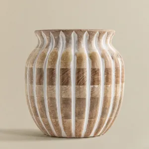Duadecor Mango Wood Ribao Vase (Round) | White Wash Flower Vase | Wooden Pot for Flowers and Plants, Living Room, Bedroom, Table Top, Wall Shelf & Home Decor | Decorative Table Centrepiece Dia 20 cm