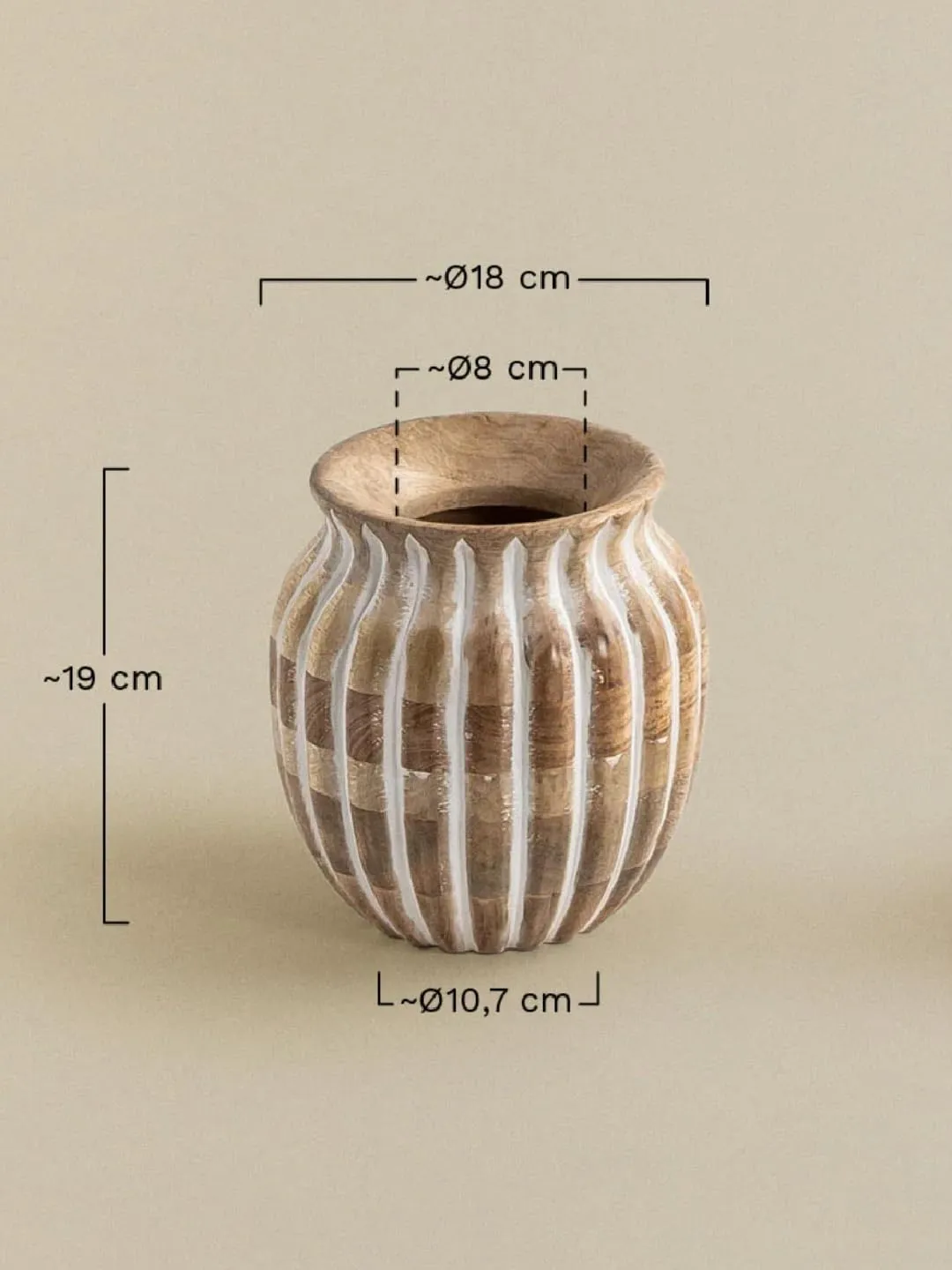 Duadecor Mango Wood Ribao Vase (Round) | White Wash Flower Vase | Wooden Pot for Flowers and Plants, Living Room, Bedroom, Table Top, Wall Shelf & Home Decor | Decorative Table Centrepiece Dia 20 cm