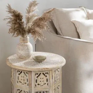 Duadecor Wooden Vase for Home Decor, Mango Wood Flowers Pot for Table Decoration. Boho Handmade Round Flower Vase and Plants Holder, White Wash Decorative Table Showpiece, Gift Item (21 x 14 cm)