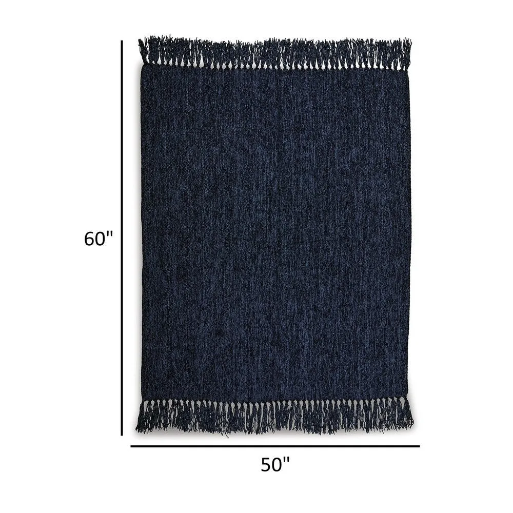 Emily Throw Blanket Set of 3, Textured Woven Knotted Fringe, Dark Blue By Casagear Home