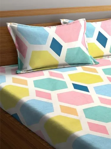 FABINALIV Multicolor Geometric 300 TC Cotton Blend King Size Double Bedsheet with 2 Pillow Covers (FLBS-1298-Multi)