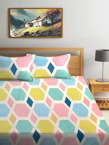FABINALIV Multicolor Geometric 300 TC Cotton Blend King Size Double Bedsheet with 2 Pillow Covers (FLBS-1298-Multi)