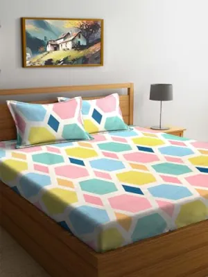 FABINALIV Multicolor Geometric 300 TC Cotton Blend King Size Double Bedsheet with 2 Pillow Covers (FLBS-1298-Multi)