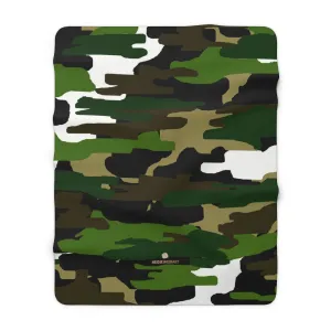 Green Camo Military Army Print Designer Cozy Sherpa Fleece Blanket-Made in USA