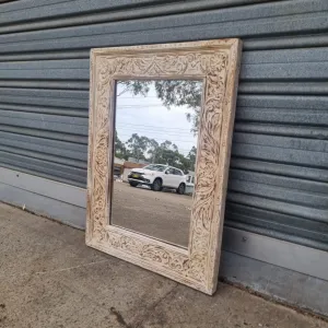 Handcrafted Floral Carved Solid Wood Indian Furniture Mirror Frame Rustic White