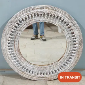 Handcrafted Indian Furniture Carved Wooden Mirror Frame Whitewash 90X90CM