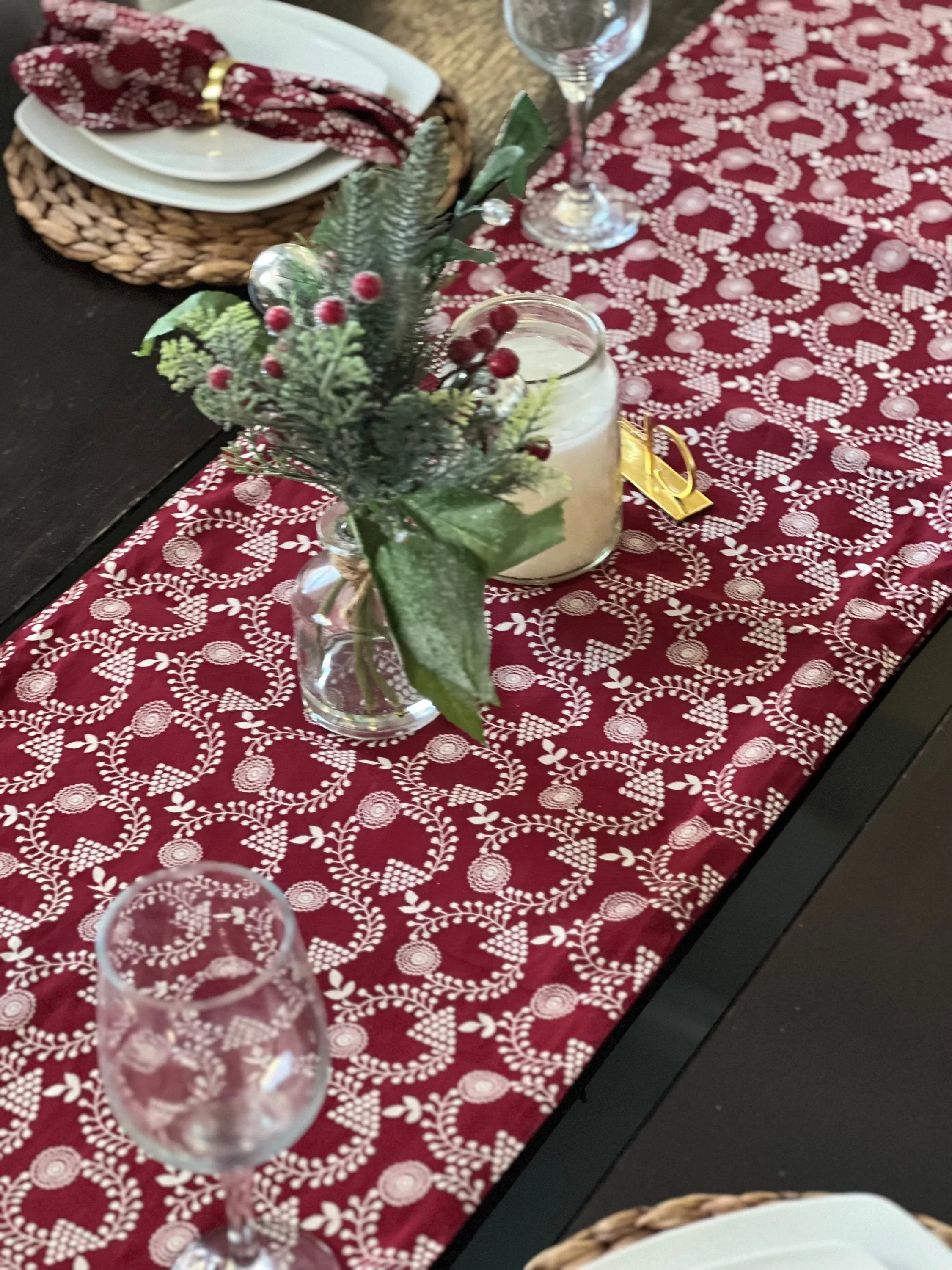 Handmade Christmas Decor Red and Gold Cotton Cloth Table Runner, Christmas Table Decor, Christmas Gift for her