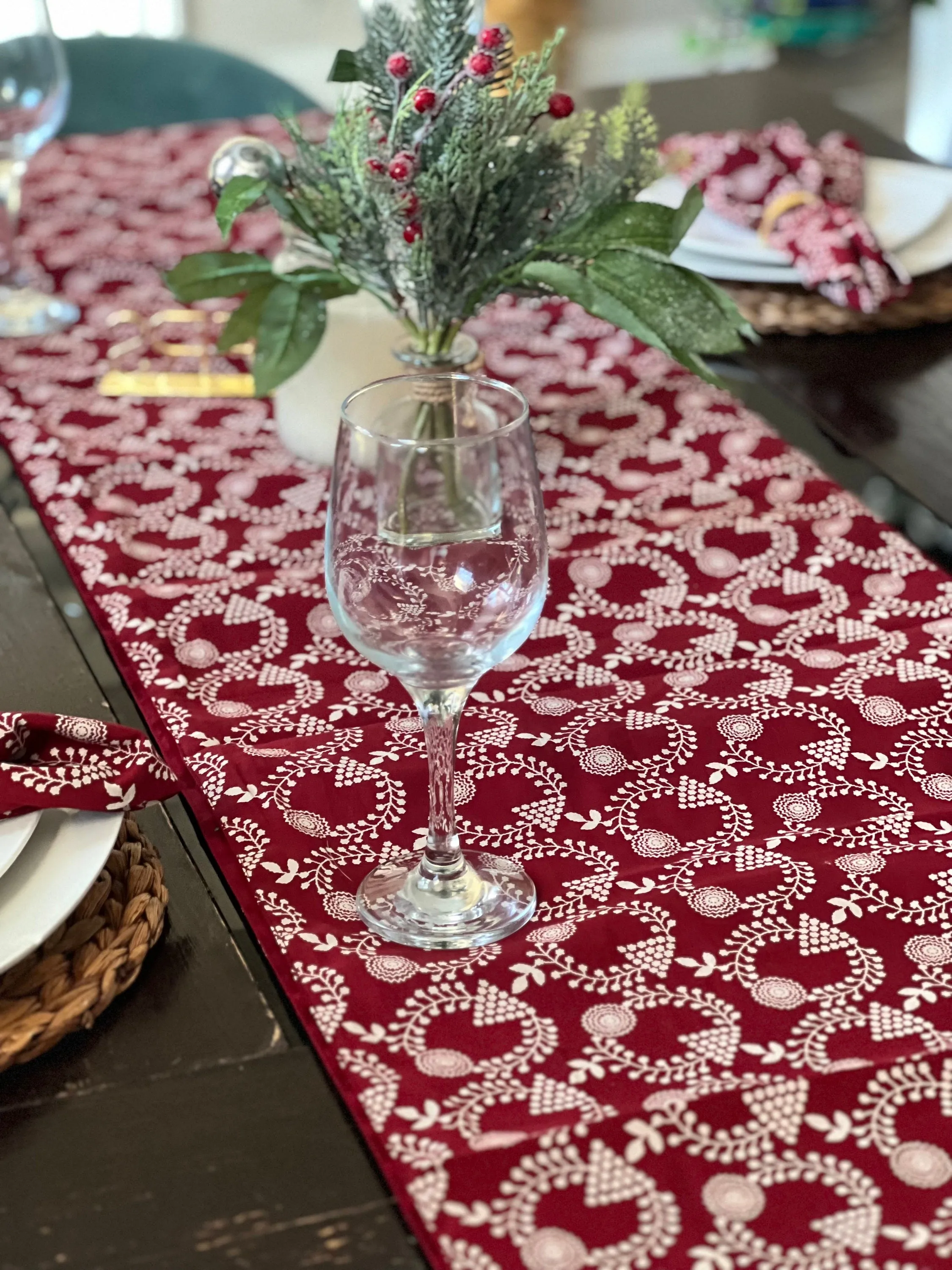 Handmade Christmas Decor Red and Gold Cotton Cloth Table Runner, Christmas Table Decor, Christmas Gift for her