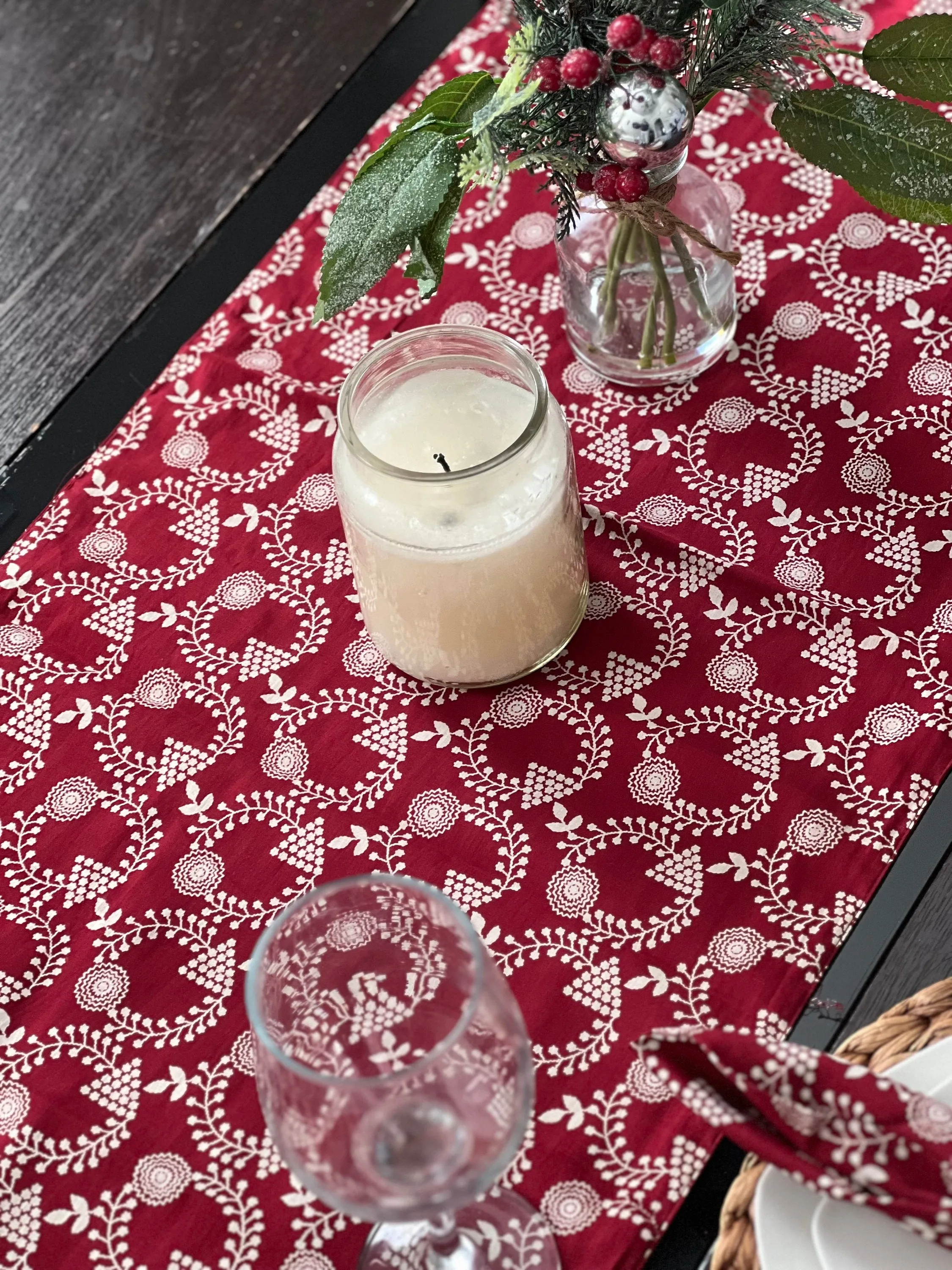 Handmade Christmas Decor Red and Gold Cotton Cloth Table Runner, Christmas Table Decor, Christmas Gift for her