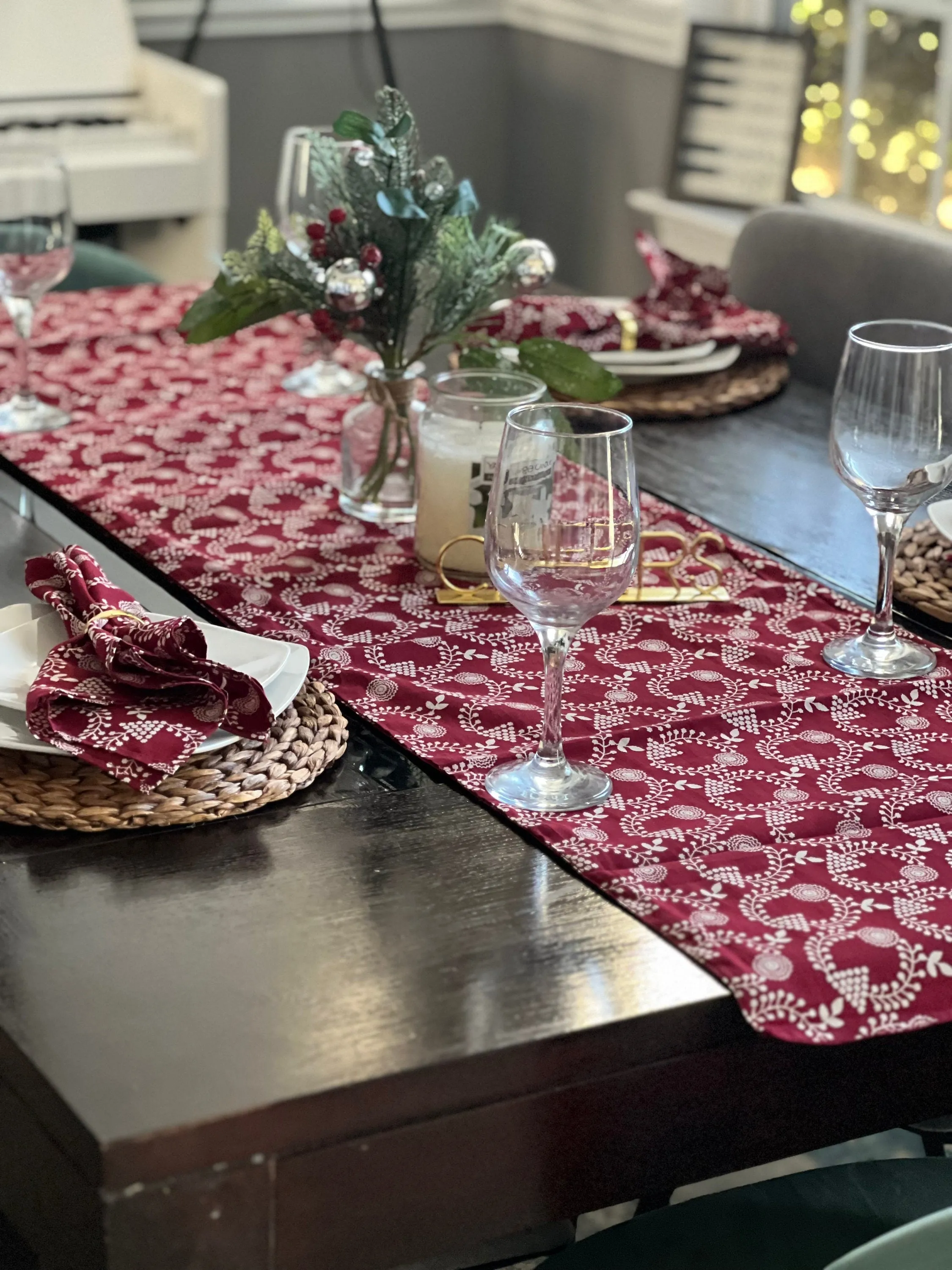 Handmade Christmas Decor Red and Gold Cotton Cloth Table Runner, Christmas Table Decor, Christmas Gift for her