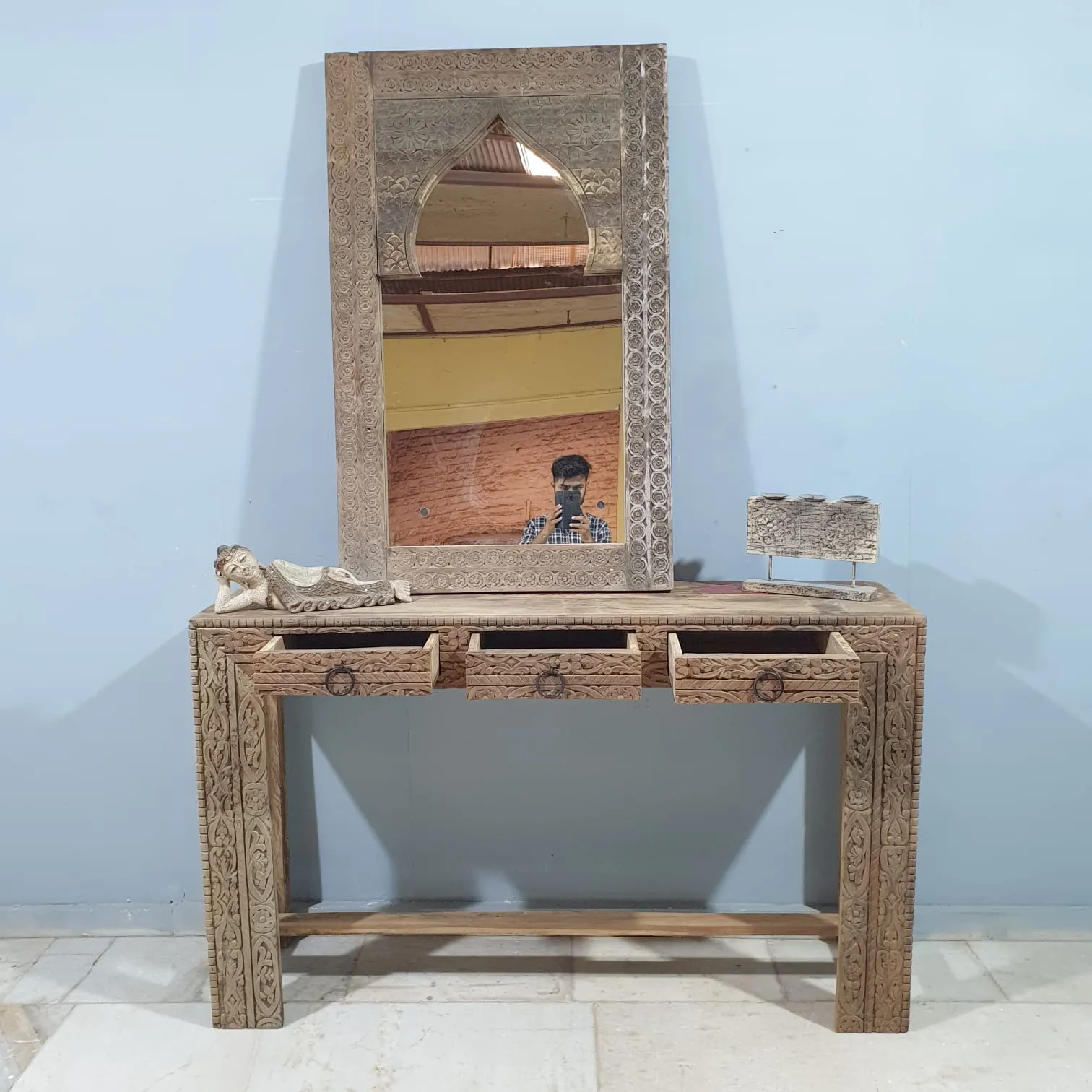 Handmade Indian Furniture Solid Hard Wood Carved 3 Drawers Console table Natural Timber 150x40x90Cm