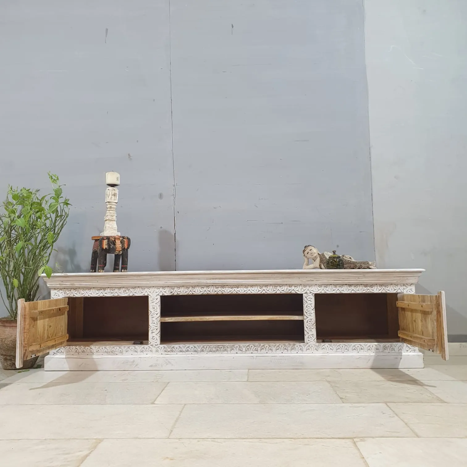 Handmade Indian Furniture Solid Hard Wood TV Unit with 2 Doors And Shelf 200x40x50Cm