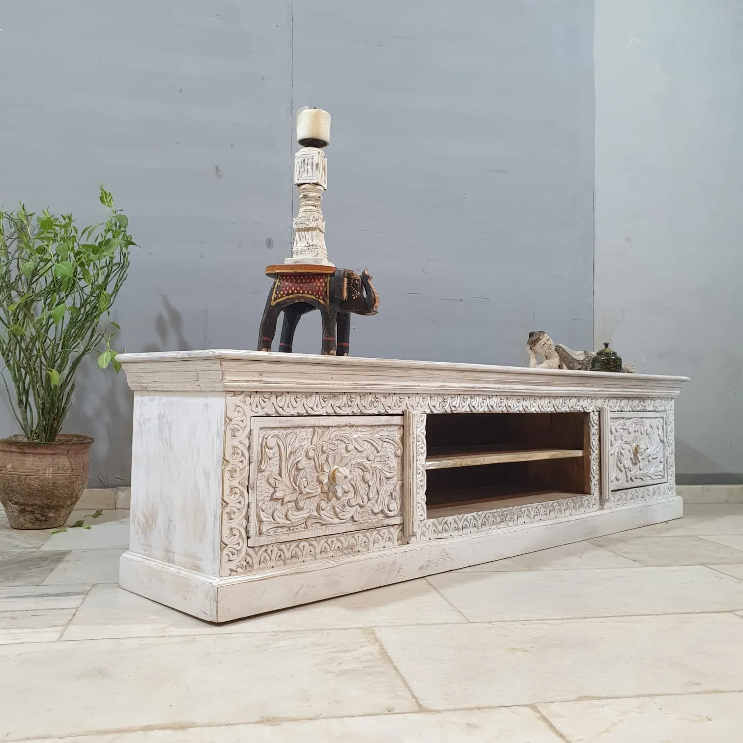 Handmade Indian Furniture Solid Hard Wood TV Unit with 2 Doors And Shelf 200x40x50Cm