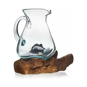 Handmade Water Drinks Jug - Recycled Glass on an Indonesian Gamal Root Stand