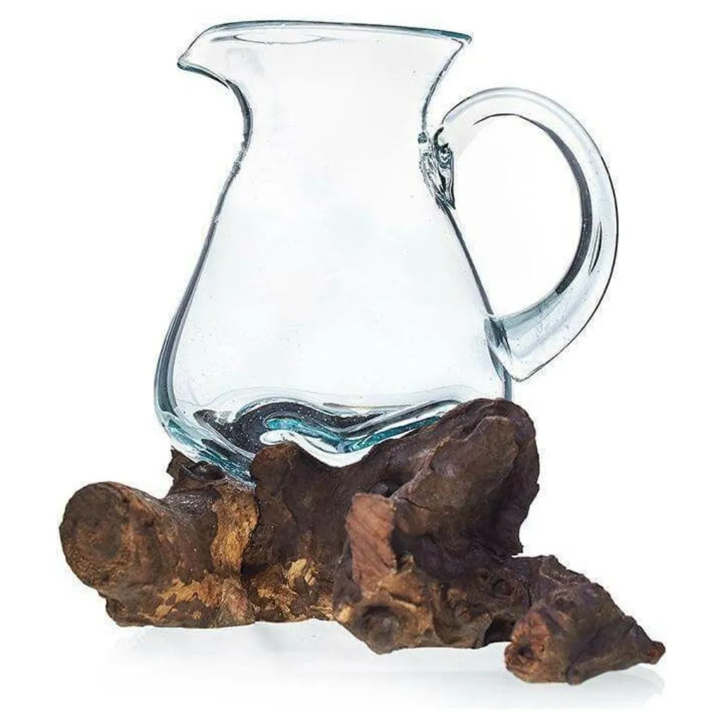 Handmade Water Drinks Jug - Recycled Glass on an Indonesian Gamal Root Stand