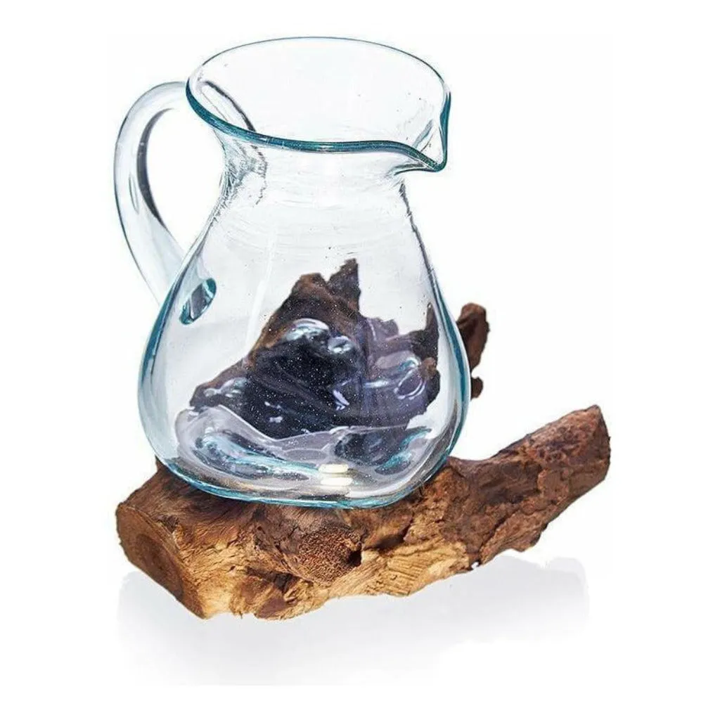 Handmade Water Drinks Jug - Recycled Glass on an Indonesian Gamal Root Stand