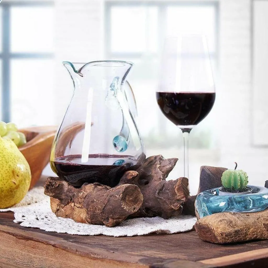 Handmade Water Drinks Jug - Recycled Glass on an Indonesian Gamal Root Stand