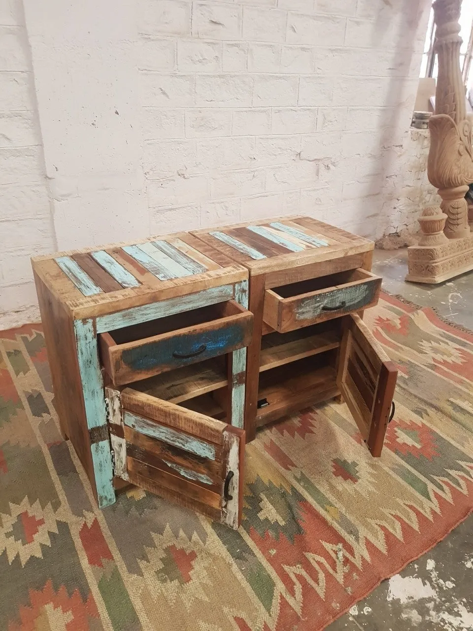 Indian Antique Tribal Hand Carved Art Solid Wooden Bedside Natural 50x40x65cm