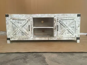 Indian Furniture Handmade Carved Solid Hard Wood 2 Doors Tv Unit Entertainment Unit Rustic White