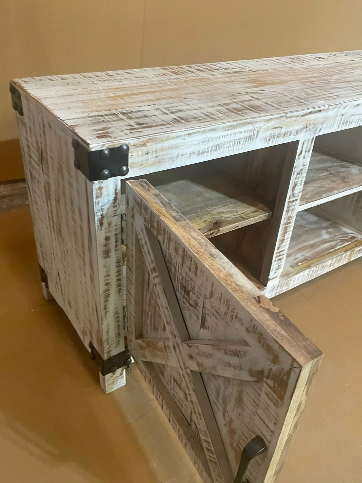 Indian Furniture Handmade Carved Solid Hard Wood 2 Doors Tv Unit Entertainment Unit Rustic White
