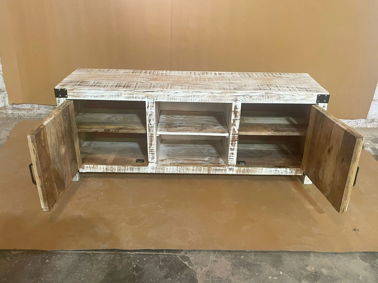 Indian Furniture Handmade Carved Solid Hard Wood 2 Doors Tv Unit Entertainment Unit Rustic White