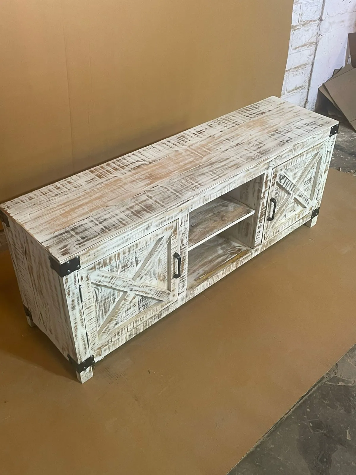 Indian Furniture Handmade Carved Solid Hard Wood 2 Doors Tv Unit Entertainment Unit Rustic White
