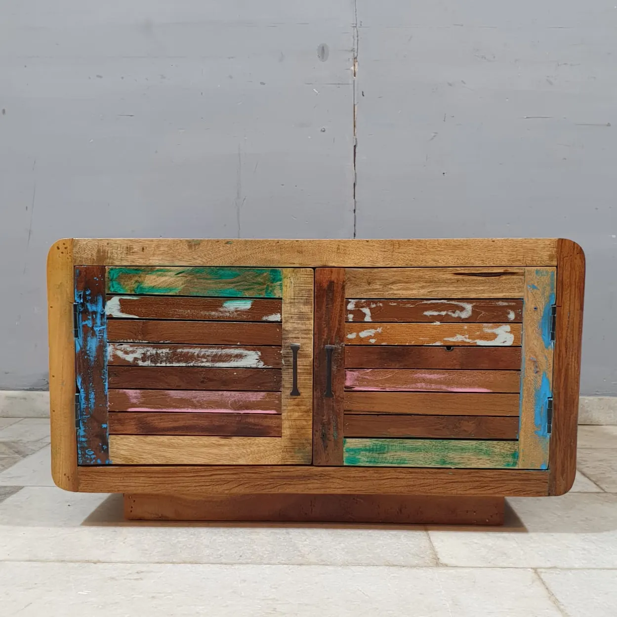 Indian Furniture Handmade Solid Wood Cabinet 2 Door Carved MultiColor 80x80x45Cm
