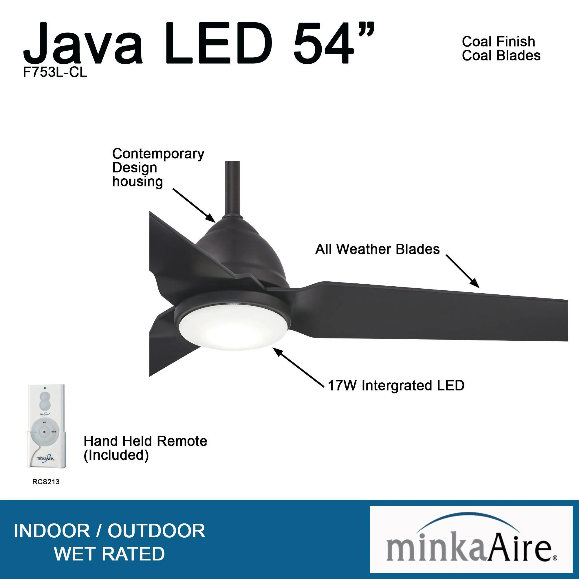 Java LED 54" Coal Wet Rated Ceiling Fan with Light and Remote