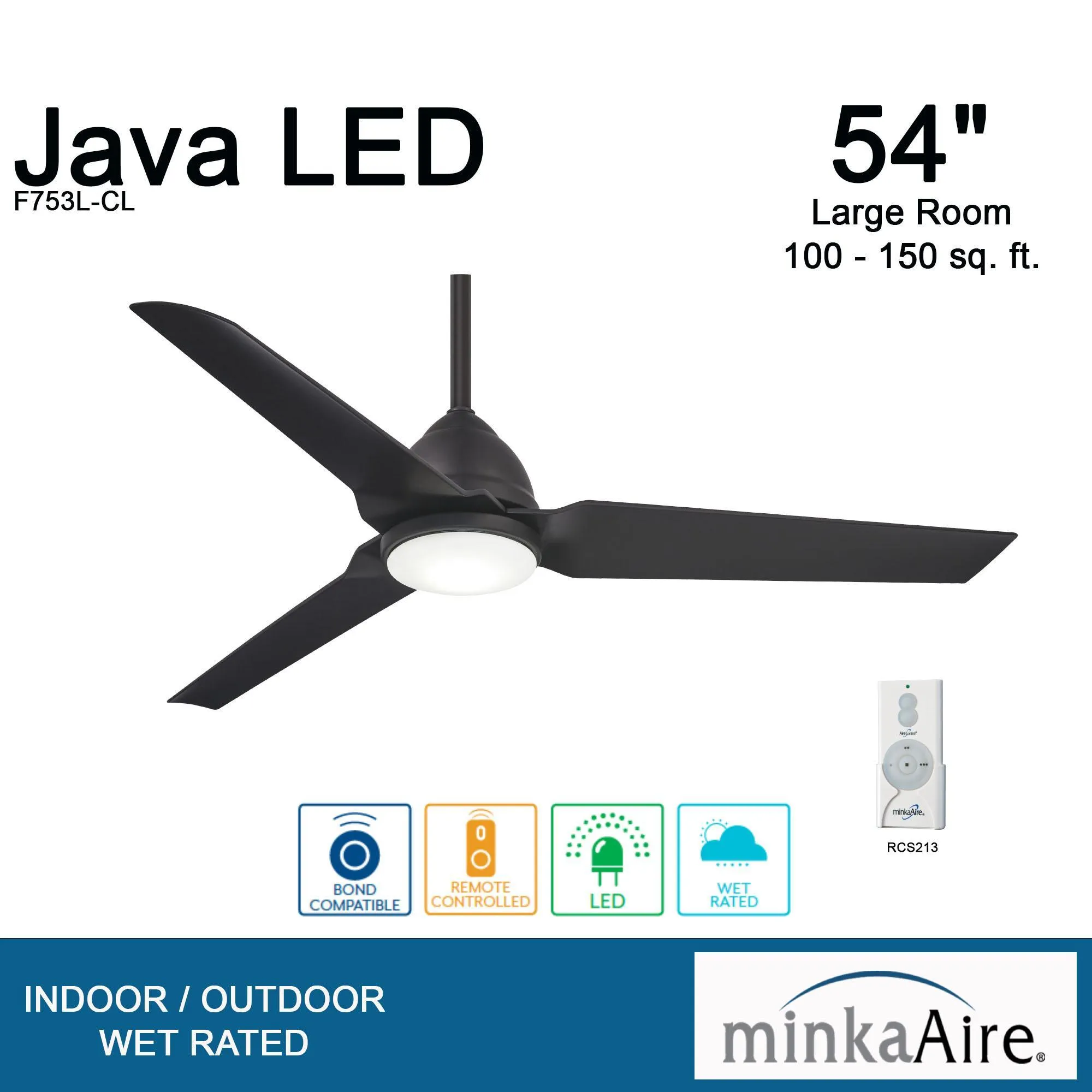 Java LED 54" Coal Wet Rated Ceiling Fan with Light and Remote