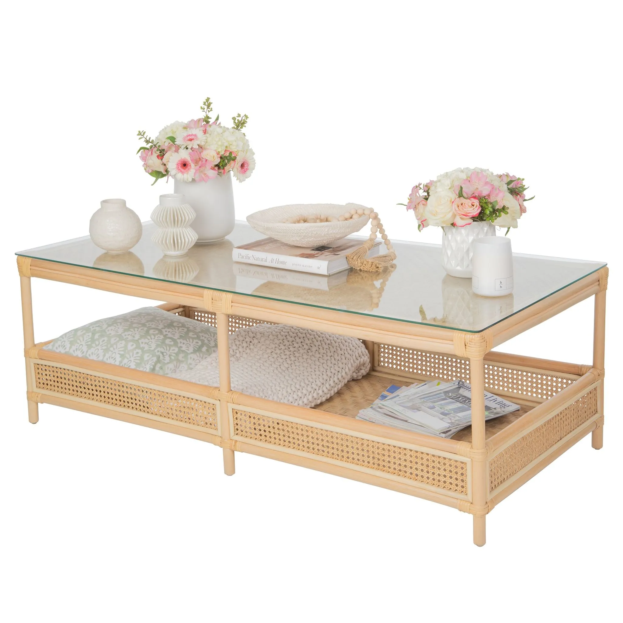 Latitude Rattan Cane 2-Tier Open Shelf Rectangular Coffee Table with Glass Top, Natural