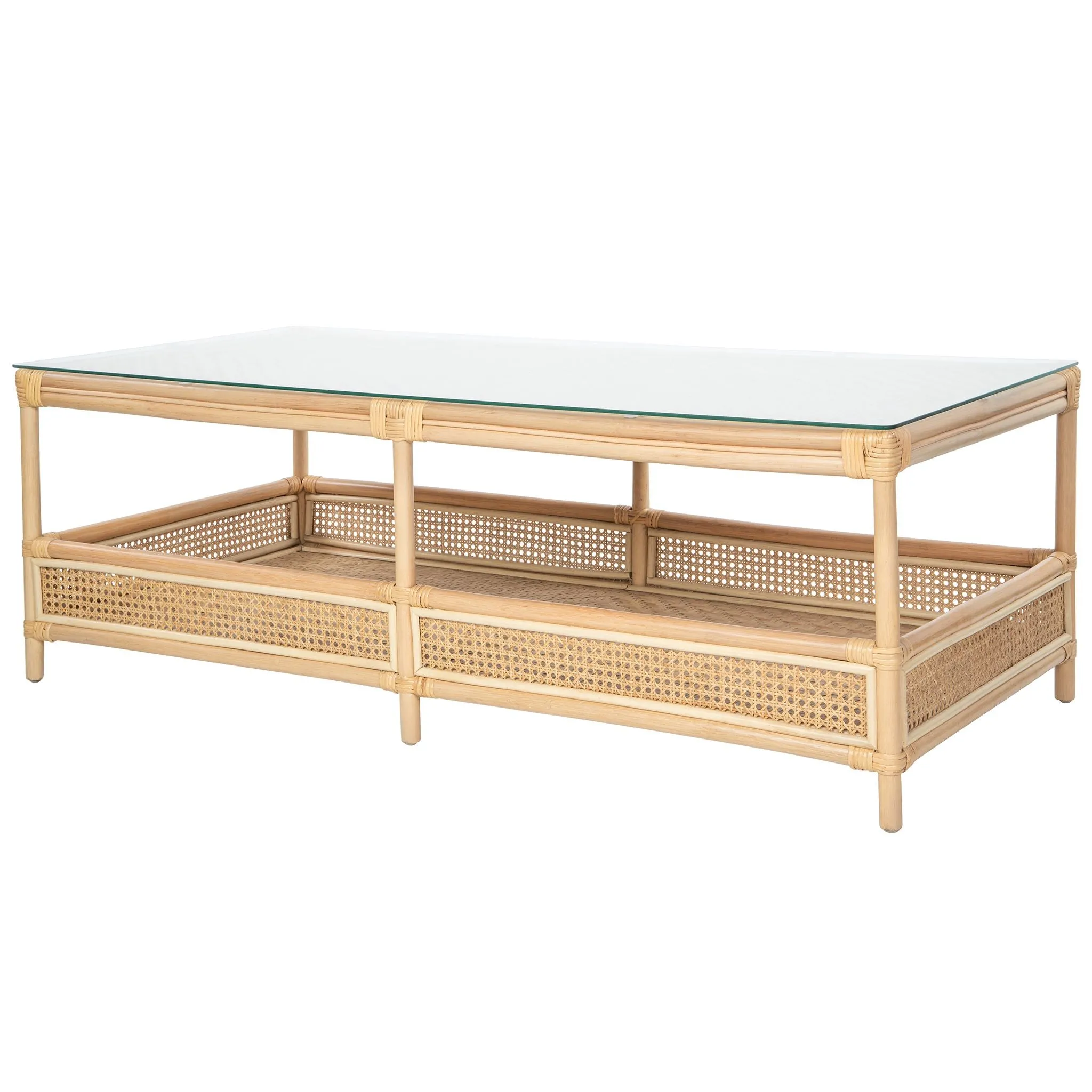 Latitude Rattan Cane 2-Tier Open Shelf Rectangular Coffee Table with Glass Top, Natural