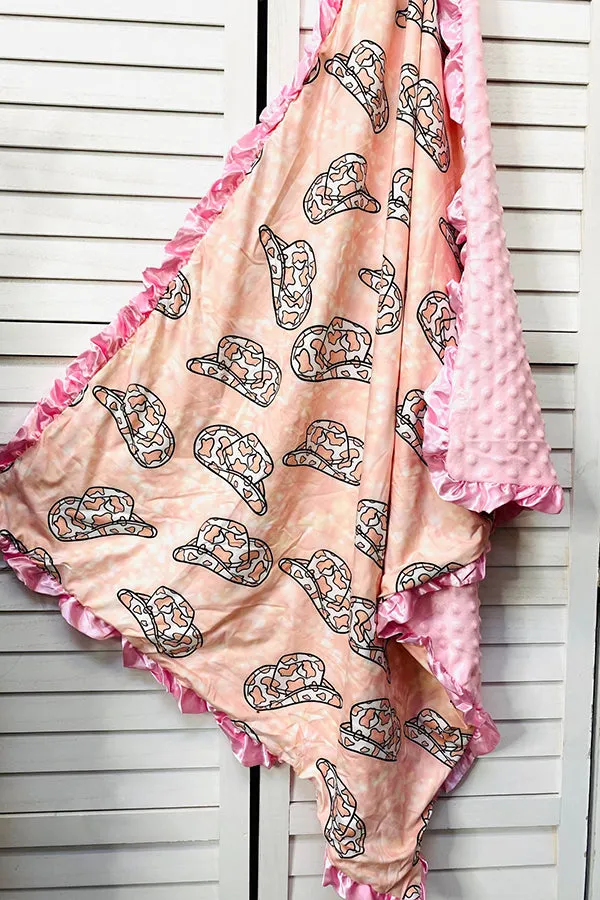 Leopard & Hat print w/pink minky baby blanket DLH2657