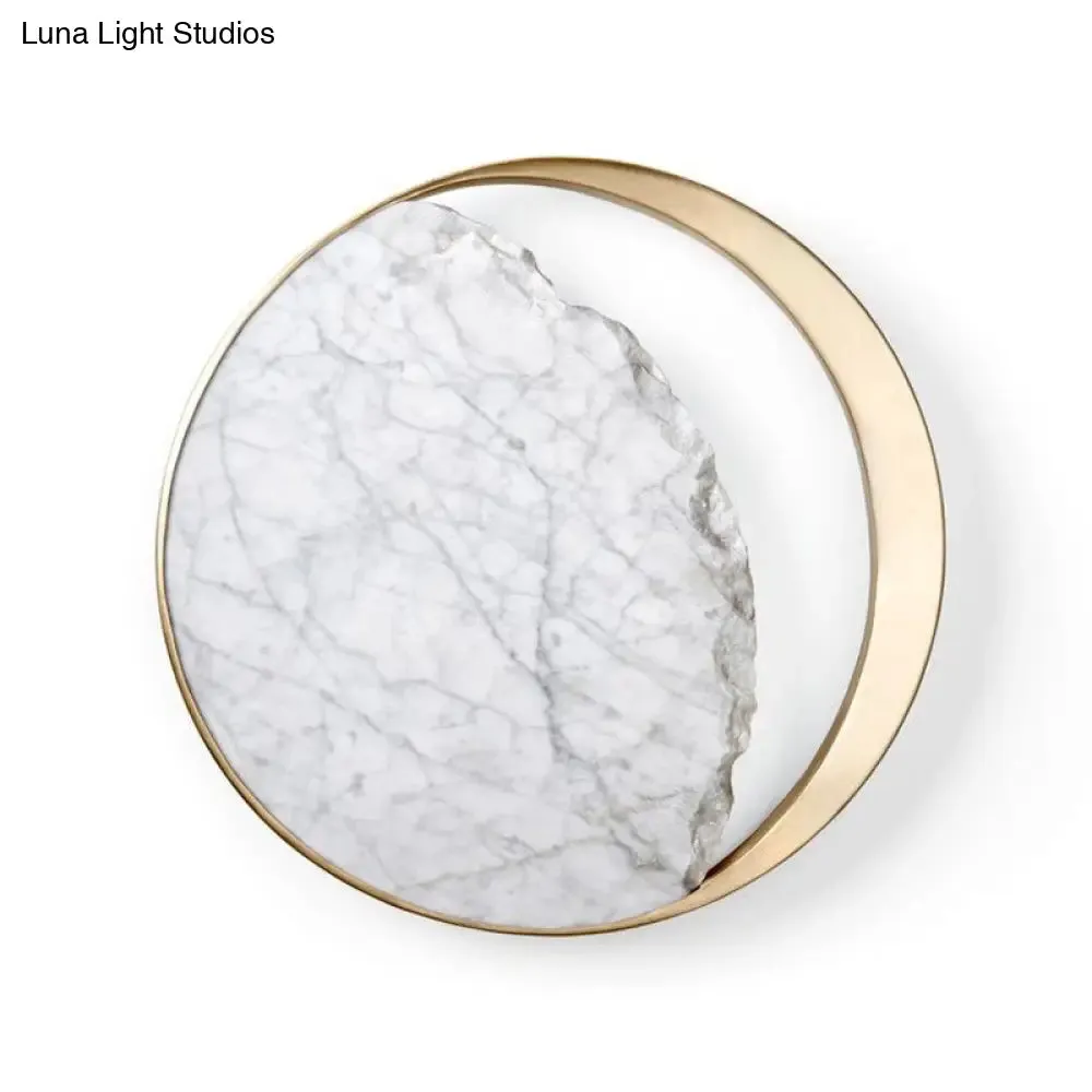 Marble Gold LED Wall Light with Moon Sconce Design and Metallic Ring - Elegant Bedside Fixture