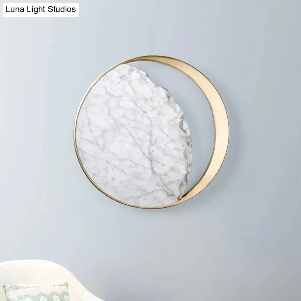 Marble Gold LED Wall Light with Moon Sconce Design and Metallic Ring - Elegant Bedside Fixture