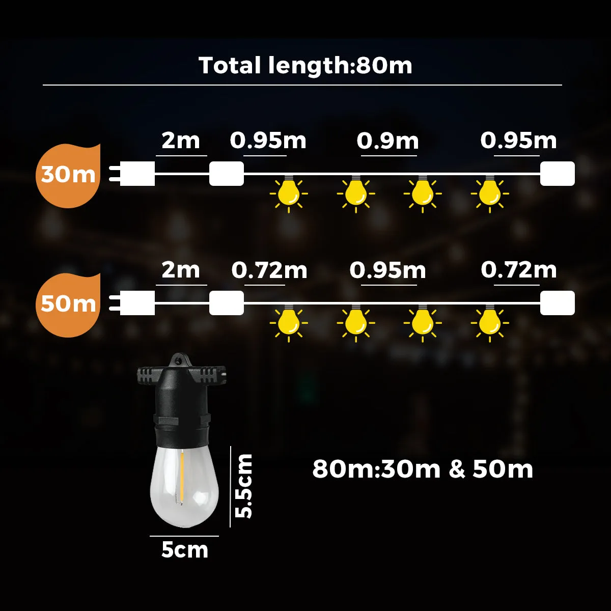 Mazam 80M LED Festoon String Lights Christmas Wedding Party Outdoor Waterproof