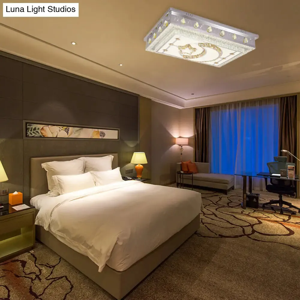 Modern LED Crystal Rectangle Flush Pendant Light with Star and Moon Pattern in Silver - Flush Mount Lighting