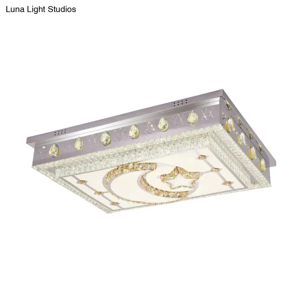 Modern LED Crystal Rectangle Flush Pendant Light with Star and Moon Pattern in Silver - Flush Mount Lighting