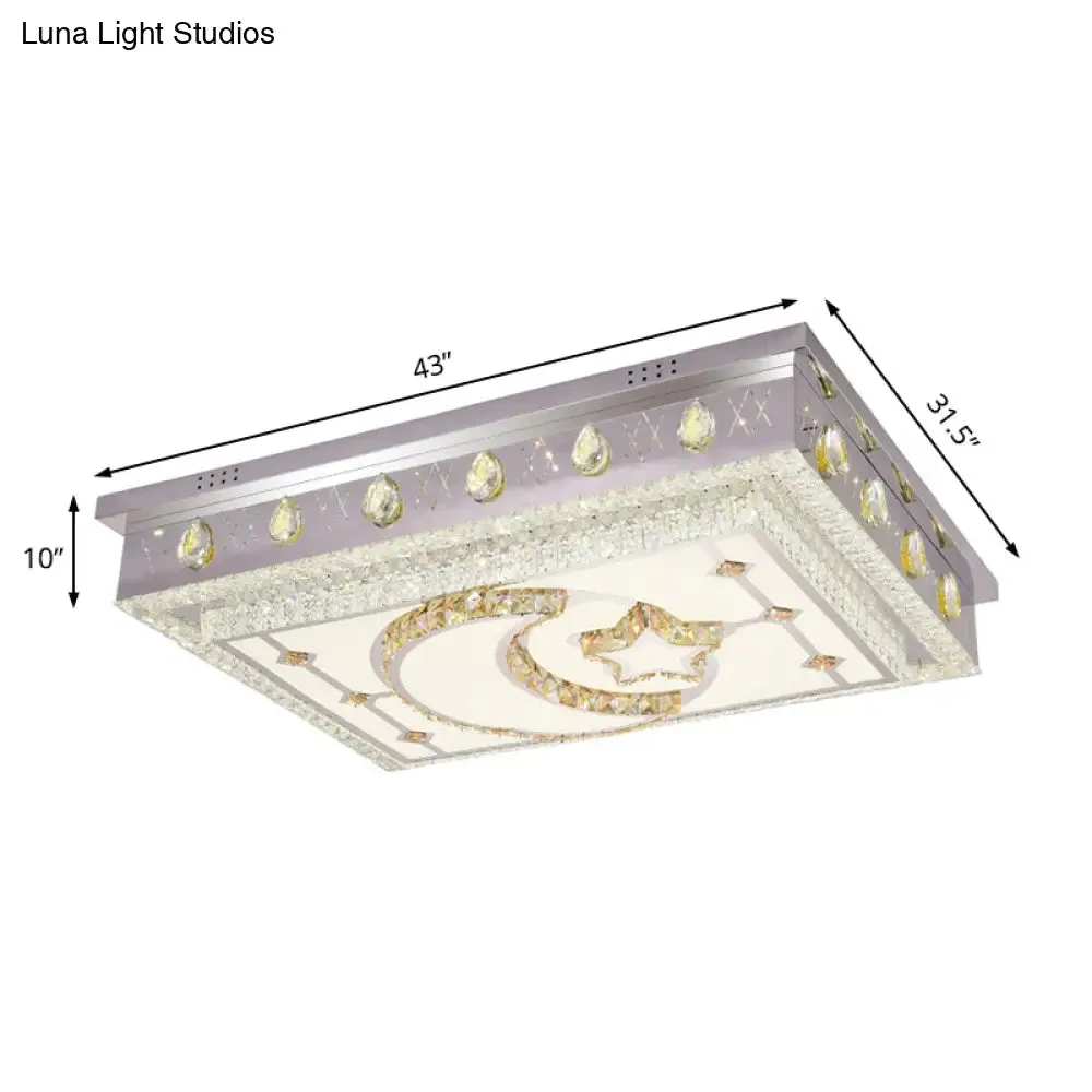 Modern LED Crystal Rectangle Flush Pendant Light with Star and Moon Pattern in Silver - Flush Mount Lighting