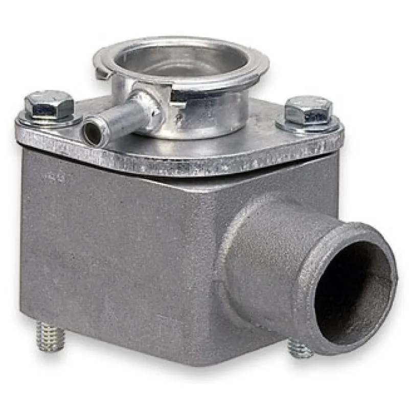 Moroso 90 Degree Water Neck - 3-1/4 in Tall - Filler Cap x Water Hose x 1/2 in NPT x Dual 1/4 in NPT Female Ports - Chevy V8
